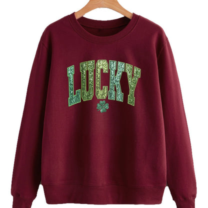 Damen Sweatshirt Glitzernd Kleeblattmotiv Grau Eveloria