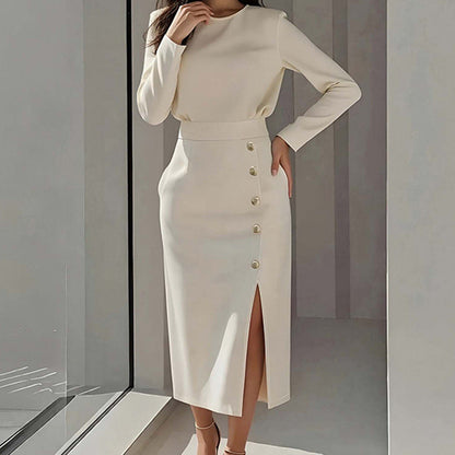 Damen Elegantes Midi-Kleid mit Knopfdetail und Seitenschlitz