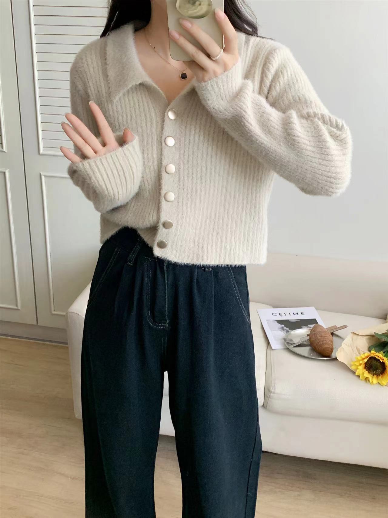 Damen Kurzstrickjacke V-Ausschnitt mit Knöpfen