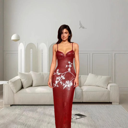 Damen Abendkleid V-Ausschnitt Floralmuster Eveloria - Eveloria