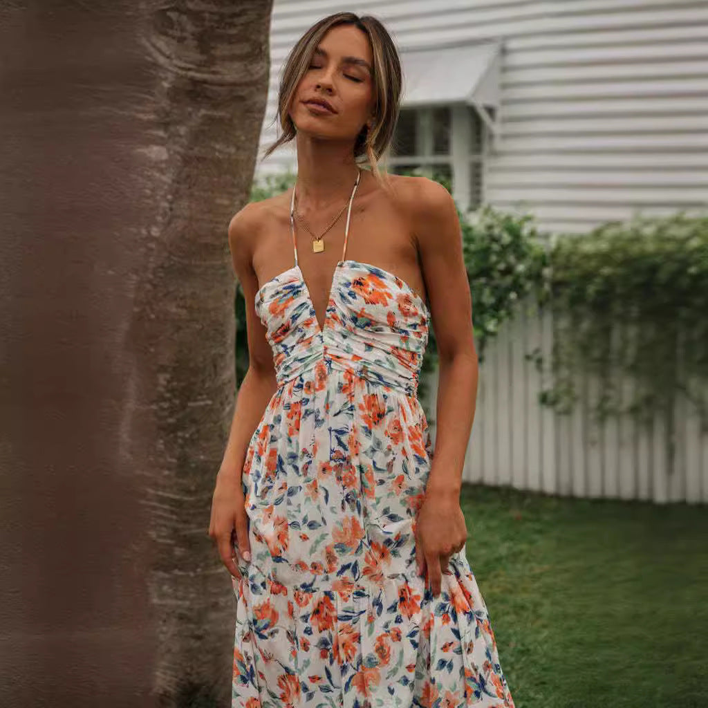 Damen Maxikleid Blumendruck Verstellbare Träger Eveloria