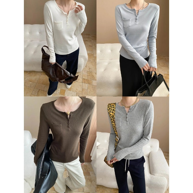 Damen Langarmshirt mit Knöpfen und Brusttasche Eveloria