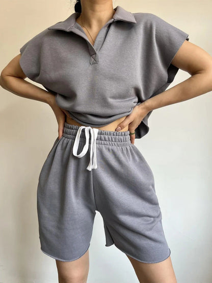 Damen Poloshirt Sweatshorts Set Eveloria Leicht Blau