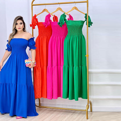 Damen Maxikleid Schulterfrei Rüschen Details Luftig Eveloria