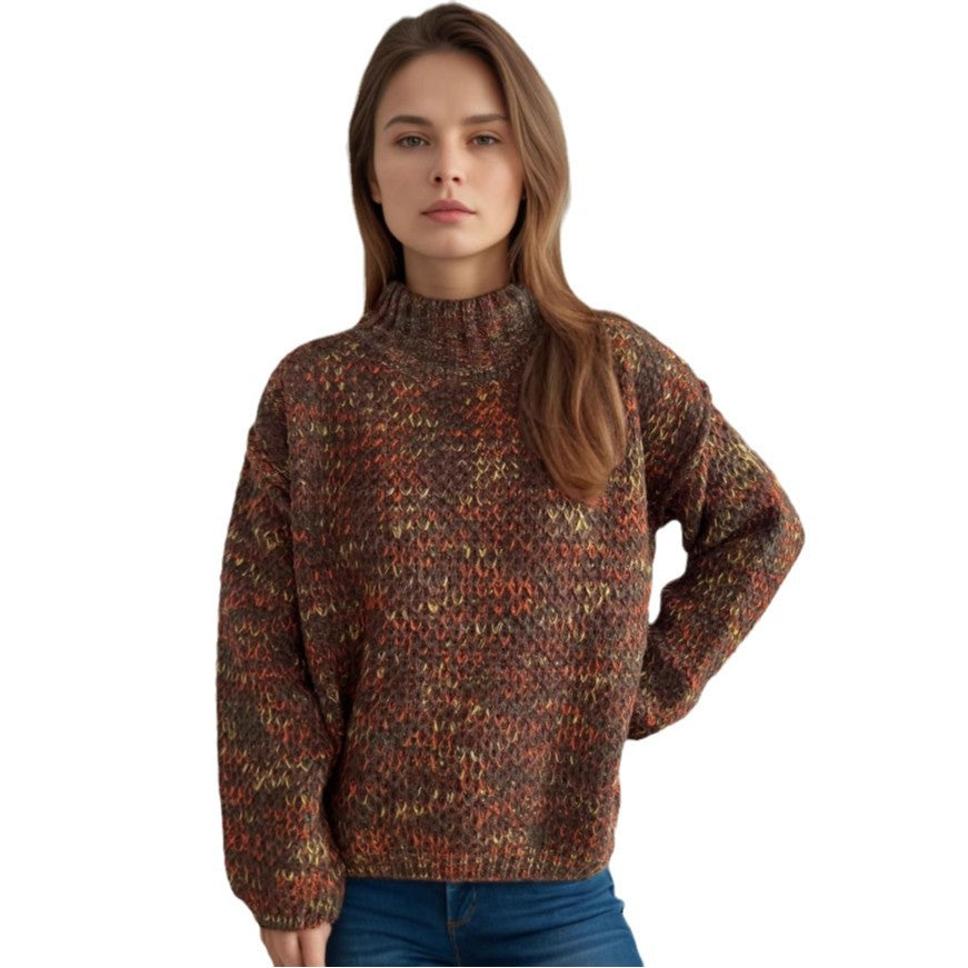 Damen Grobstrickpullover Hochgeschlossener Kragen Luftig Grau Eveloria
