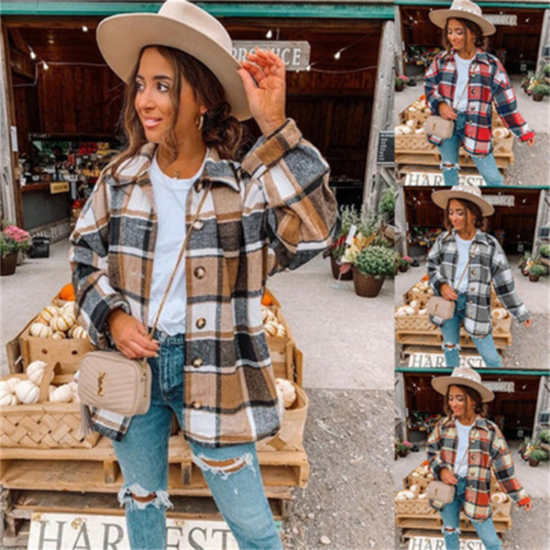 Damen Flanellhemdjacke Karomuster Knopfverschluss Eveloria - Eveloria