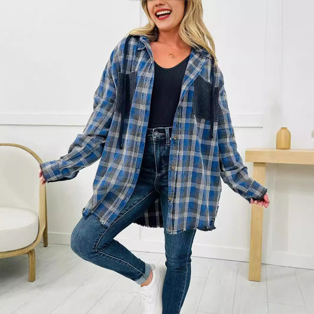 Damen Karo-Hemdjacke Oversized mit Fransen Details Braun