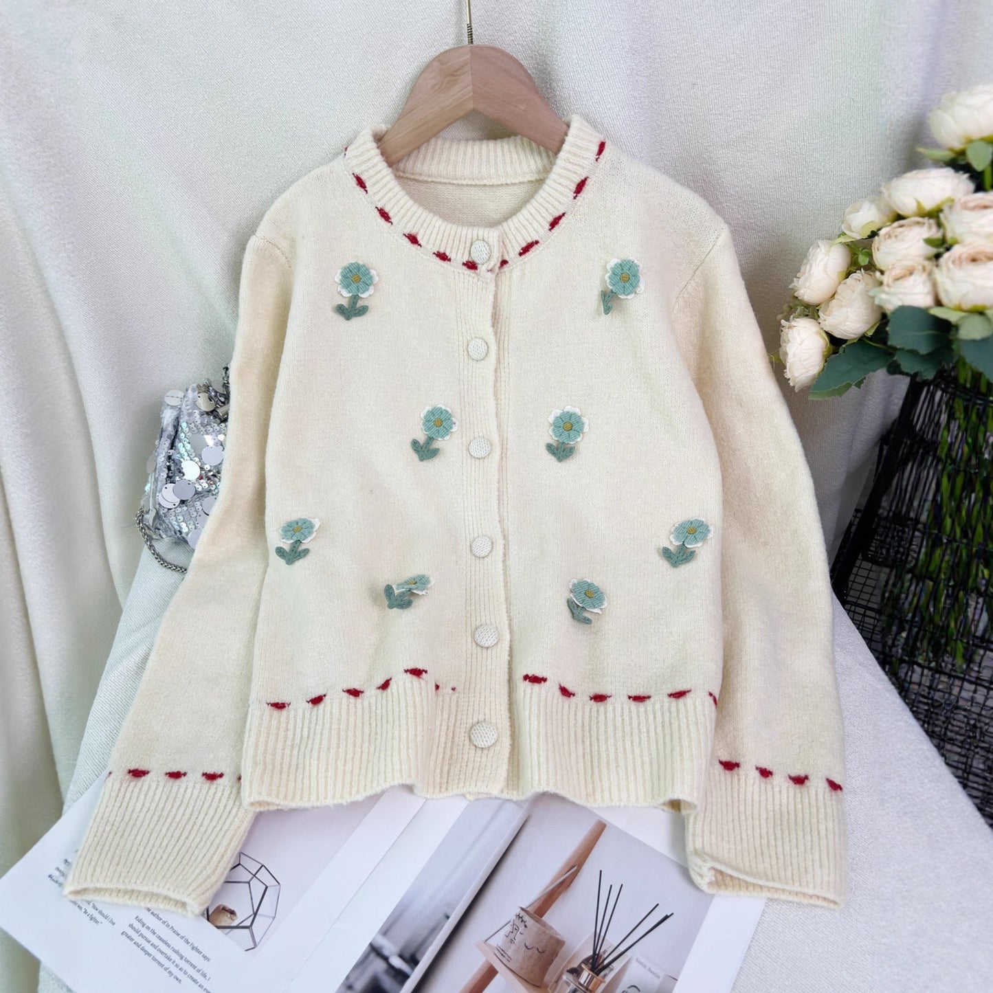 Damen Strickjacke Florales Muster Knopfverschluss