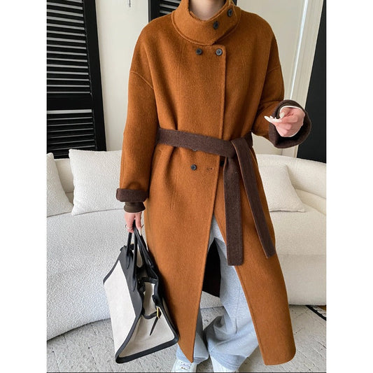 Damen Wollmantel Hochkragen Praktische Taschen Schwarz Eveloria - Eveloria