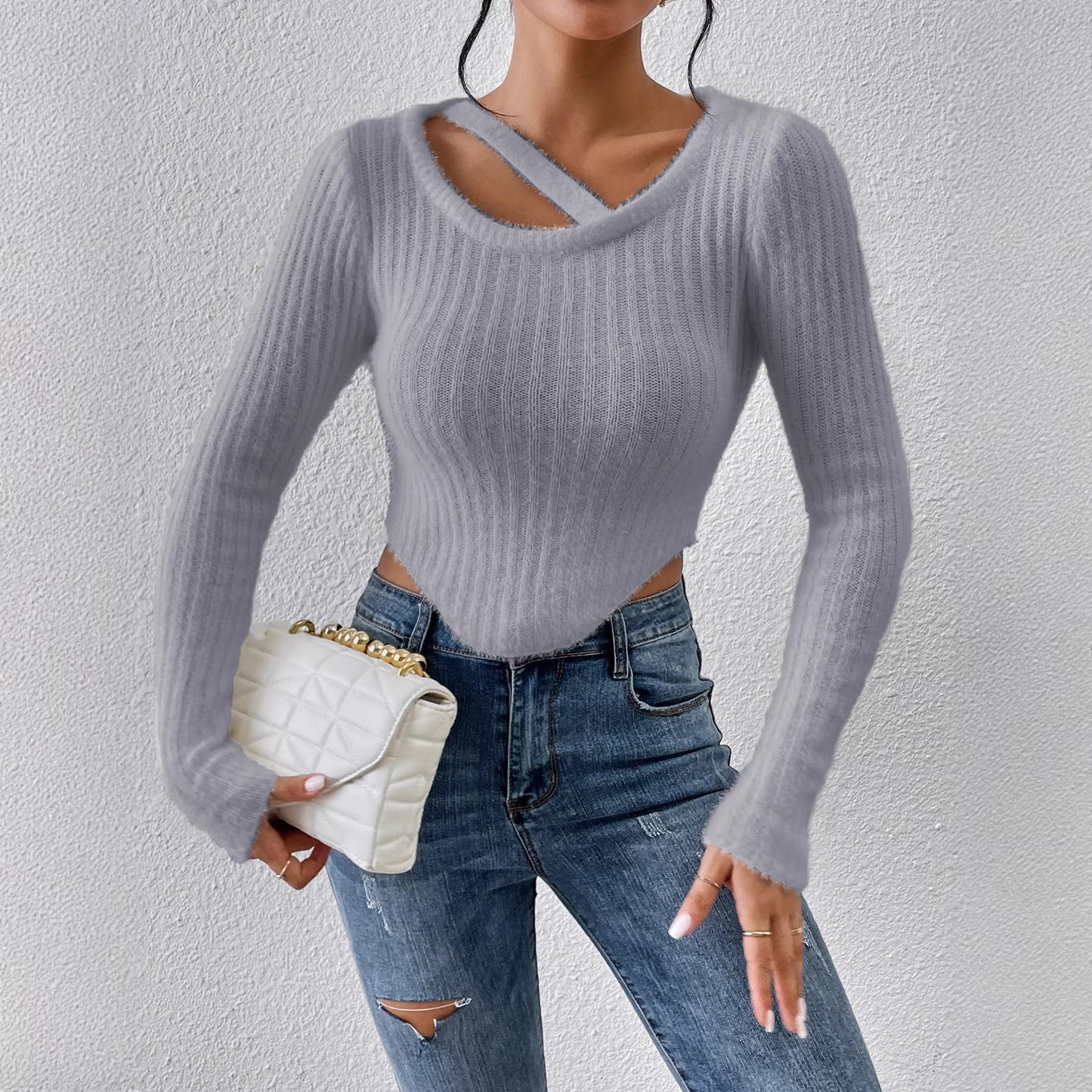 Damen Off-the-Shoulder Stricktop Elastischer Saum Beige