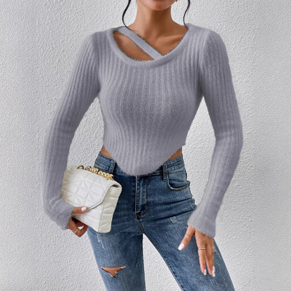 Damen Off-the-Shoulder Stricktop Elastischer Saum Beige