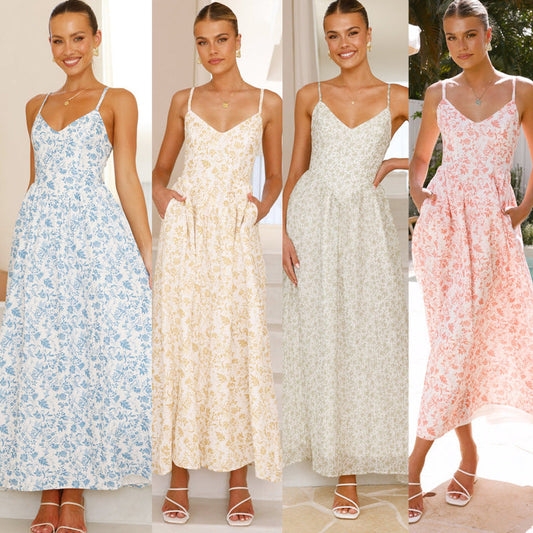 Damen Maxikleid feines Floralmuster Spaghettiträger Eveloria - Eveloria