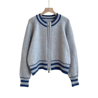Damen Strickcardigan Sportlich Reißverschluss Gestreift Grau Eveloria