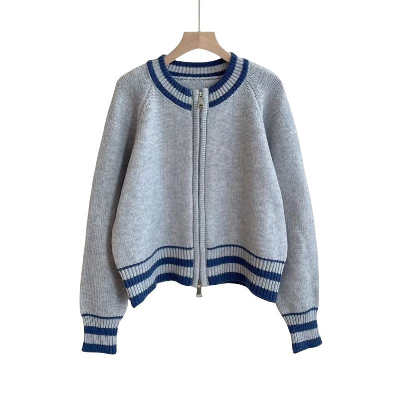 Damen Strickcardigan Reißverschluss Sportliches Streifenmuster