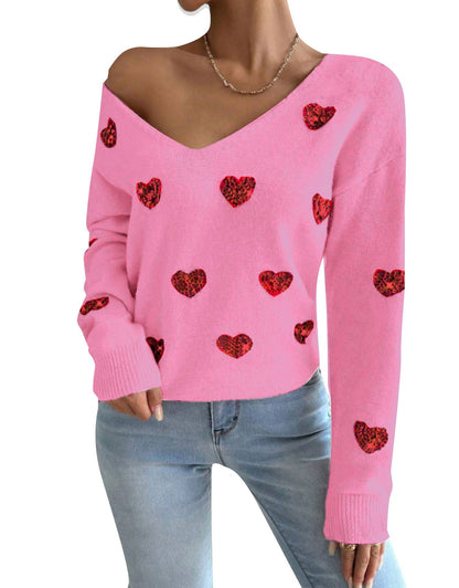 Damen Oversized Pullover V-Ausschnitt Herzmotiv