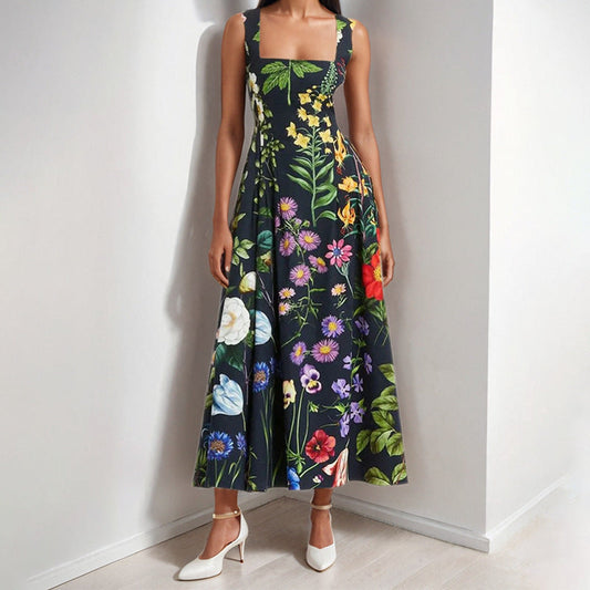 Damen Maxikleid Quadratischer Ausschnitt Floralmuster - Eveloria