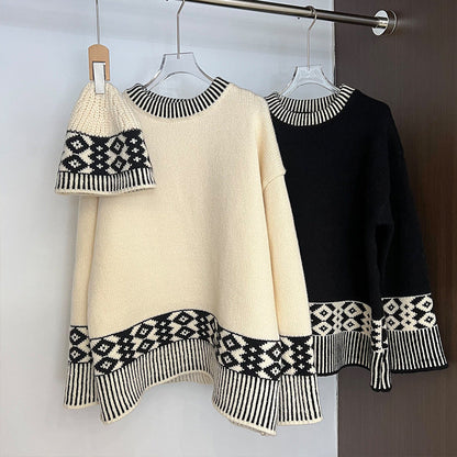 Damen Strickpullover Rundkragen Geometrisches Muster Eveloria