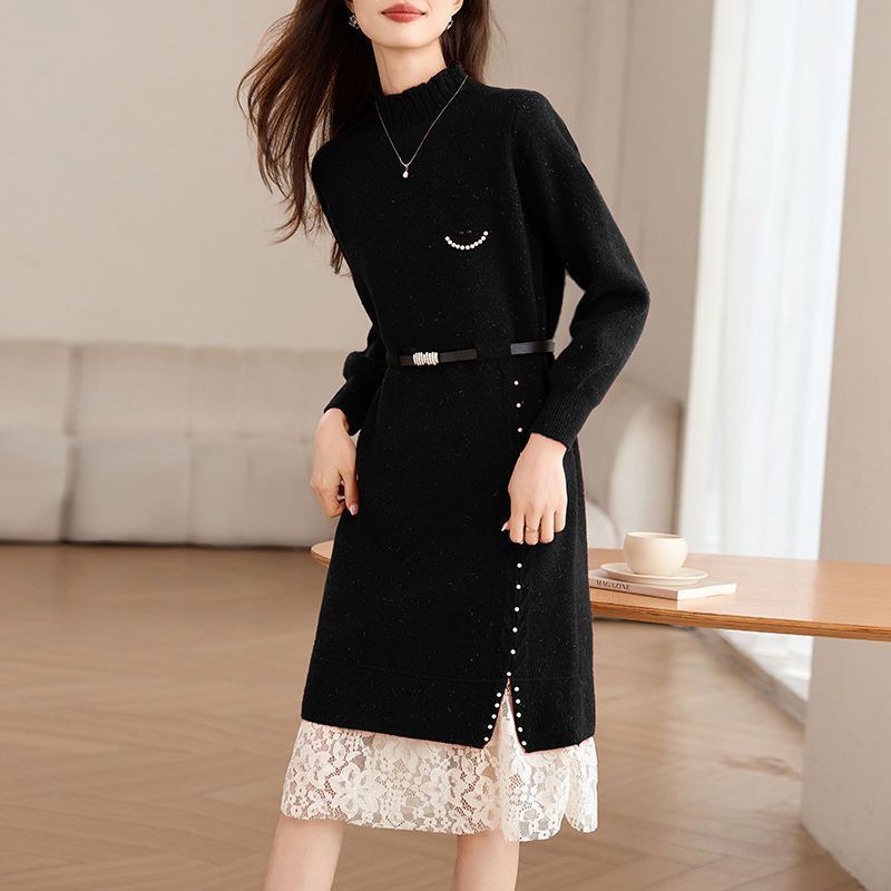 Damen Strickkleid Perlendetails Eleganter Gürtel
