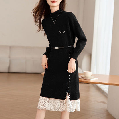 Damen Strickkleid Perlendetails Eleganter Gürtel