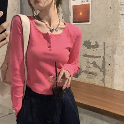 Damen Langarmshirt Knopfleiste Rippdesign Weiß