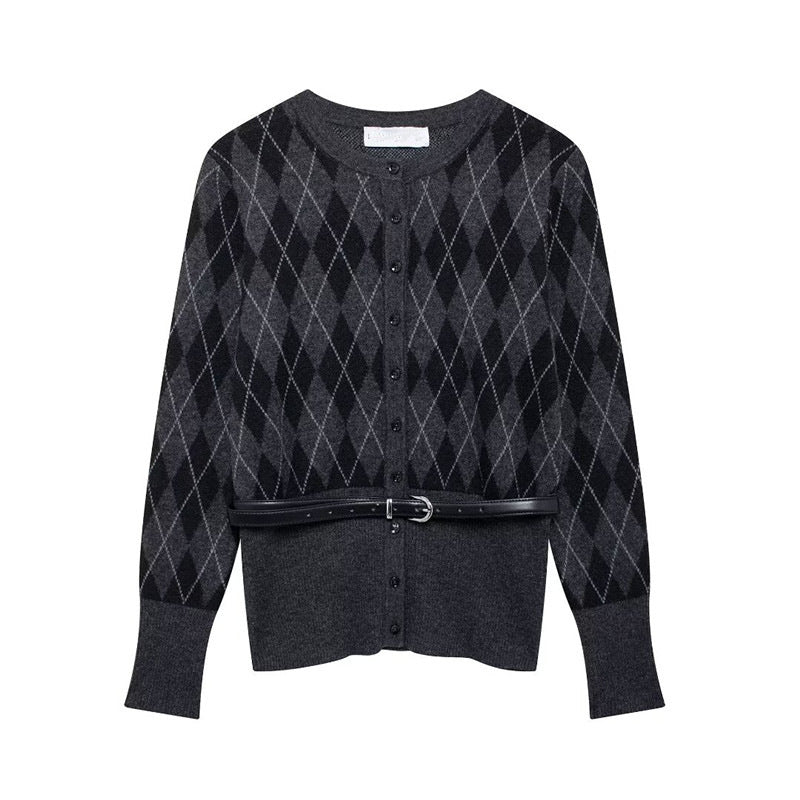 Damen Strickjacke Karomuster Abnehmbarer Gürtel Eveloria