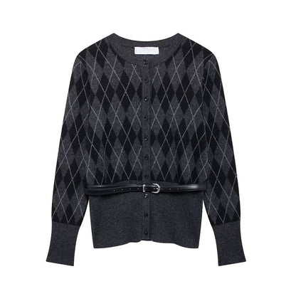 Damen Strickjacke Karomuster Abnehmbarer Gürtel Eveloria