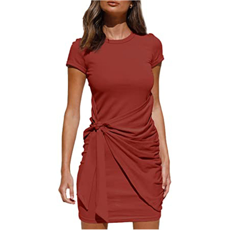 Damen Wickelkleid Kurzarm Raffung Knoten Detail Eveloria