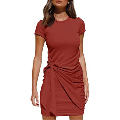Damen Wickelkleid Kurzarm Raffung Knoten Detail Eveloria