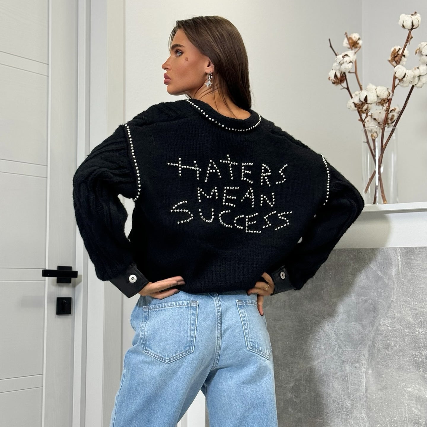 Damen Strickpullover Statement-Print Eveloria