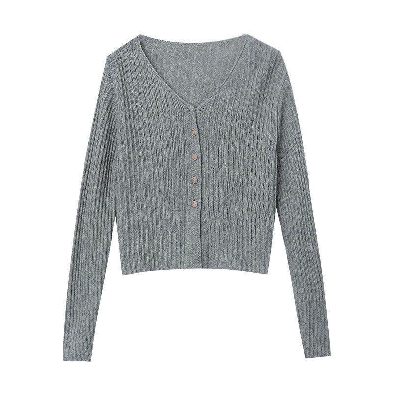 Damen Strickjacke Knopfverschluss Lässig Grau Eveloria