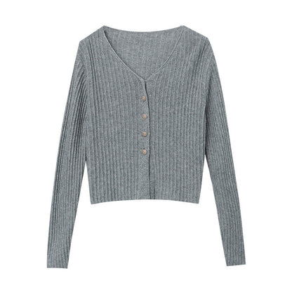 Damen Strickjacke Knopfverschluss Lässig Grau Eveloria