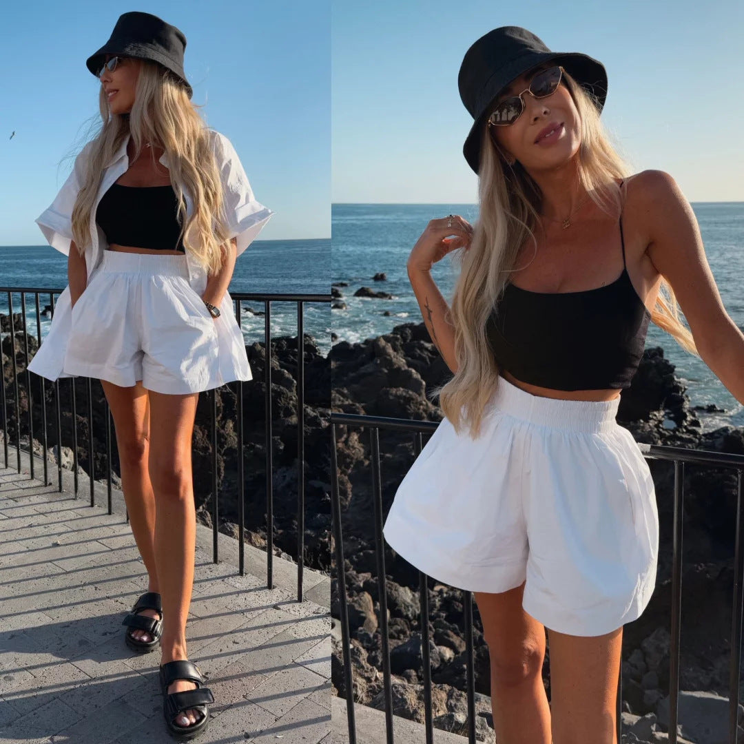 Damen Kurzarm Bluse Shorts Set Baumwolle Bequem