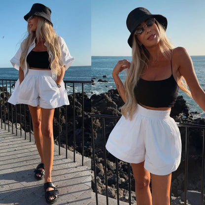 Damen Kurzarm Bluse Shorts Set Baumwolle Bequem