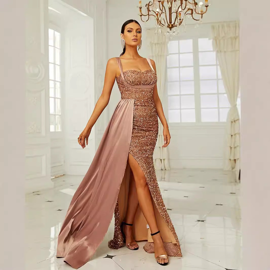 Eveloria Damen Abendkleid tiefes Dekolleté Pailletten