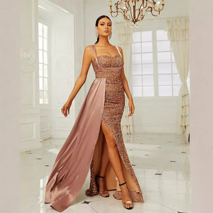 Eveloria Damen Abendkleid tiefes Dekolleté Pailletten