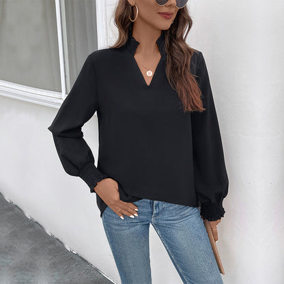 Damen Viskosebluse mit Puffärmeln und V-Ausschnitt - Eveloria