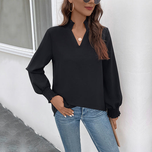 Damen Viskosebluse mit Puffärmeln und V-Ausschnitt - Eveloria