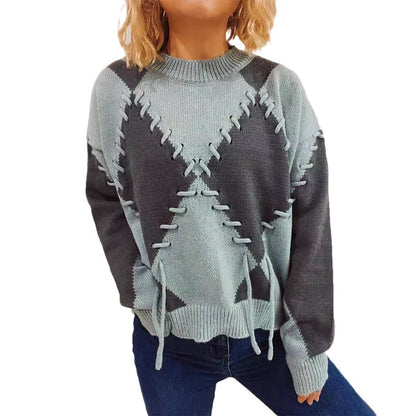 Damen Oversized Pullover Gekreuzte Nähte Grau