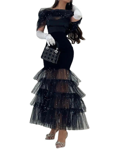 Damen Abendkleid Tüll schimmernd transparent Schulterpartie