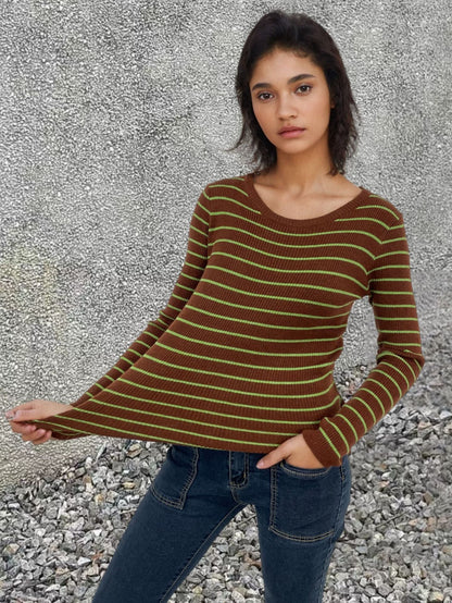 Damen Rippenpullover Gestreift Verlängerte Ärmel Eveloria