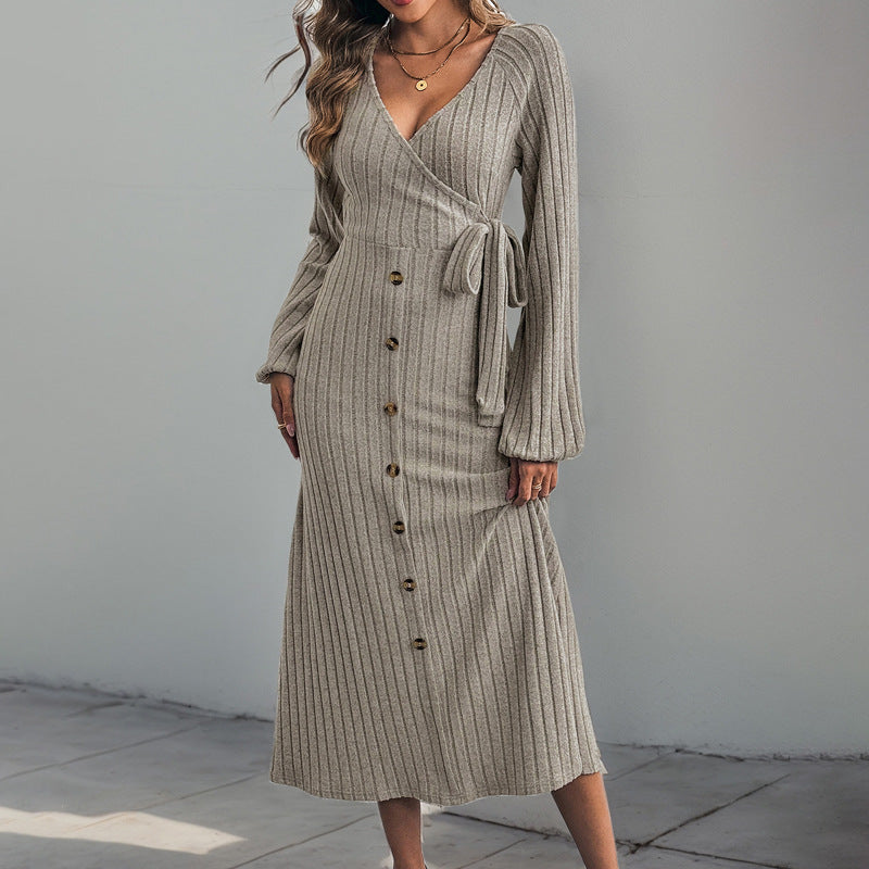 Damen Wickelkleid Strukturiertes Design Knöpfe Eveloria