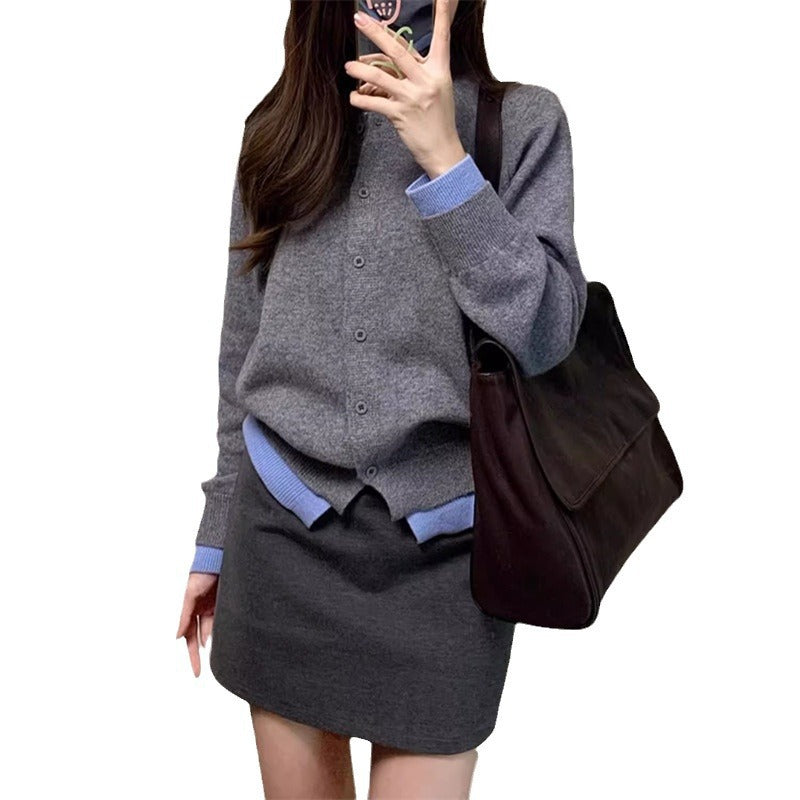 Damen Strickcardigan Feine Kontrastdetails Beige