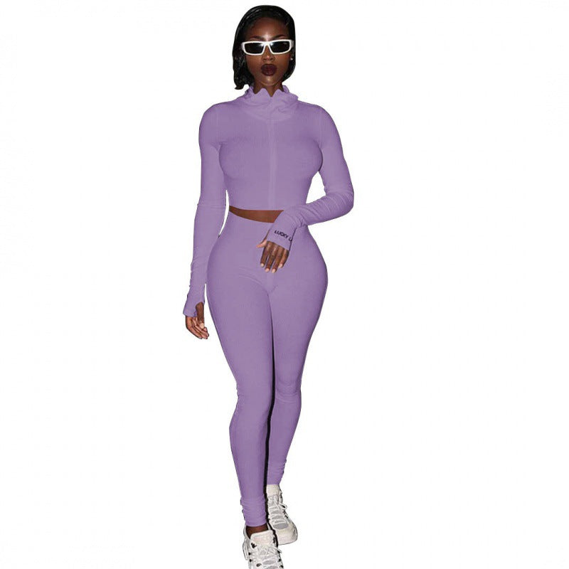 Damen Sportliches Figurbetontes Set mit hohem Kragen und Rippdetails