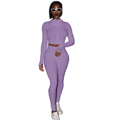 Damen Sportliches Figurbetontes Set mit hohem Kragen und Rippdetails