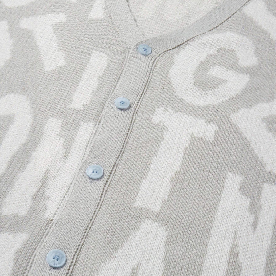 Damen Strickjacke V-Ausschnitt mit Schriftmuster Anthrazit