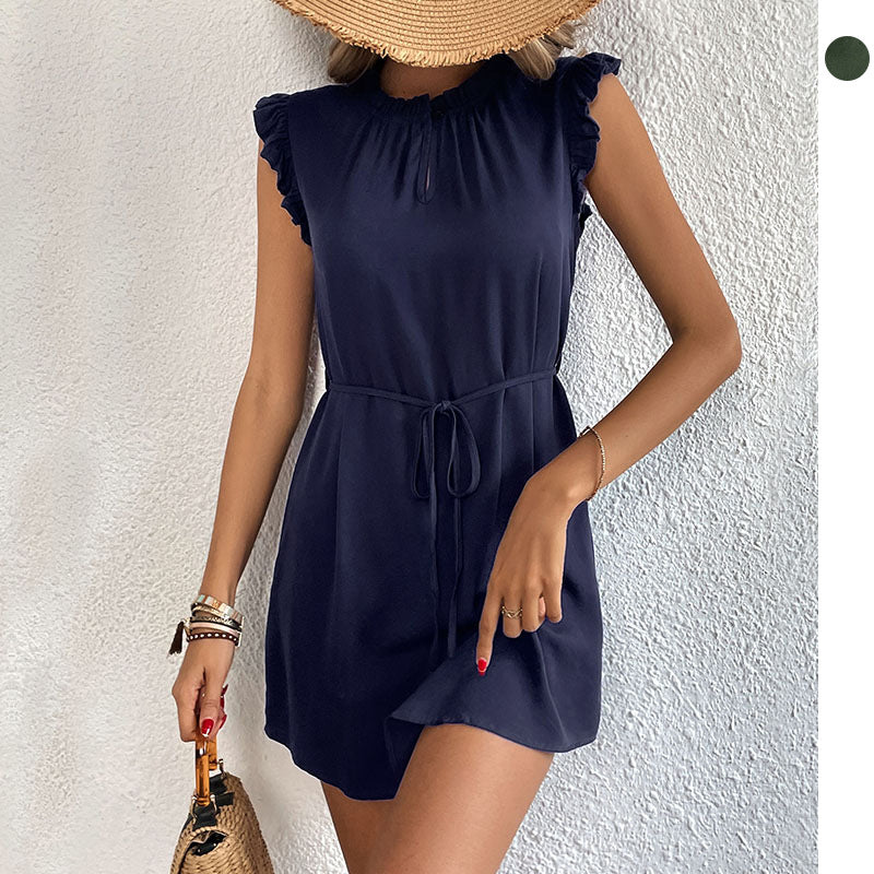 Damen Sommerkleid Rüschendetails Bindegürtel Eveloria - Eveloria