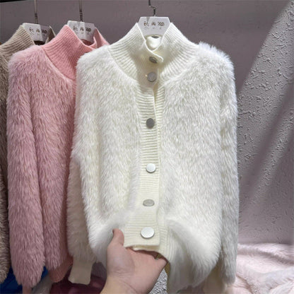 Damen Strickjacke Kuschelig Knopfverschluss Hochkragen Beige
