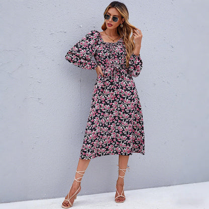 Damen Midikleid Puffärmel Floralmuster