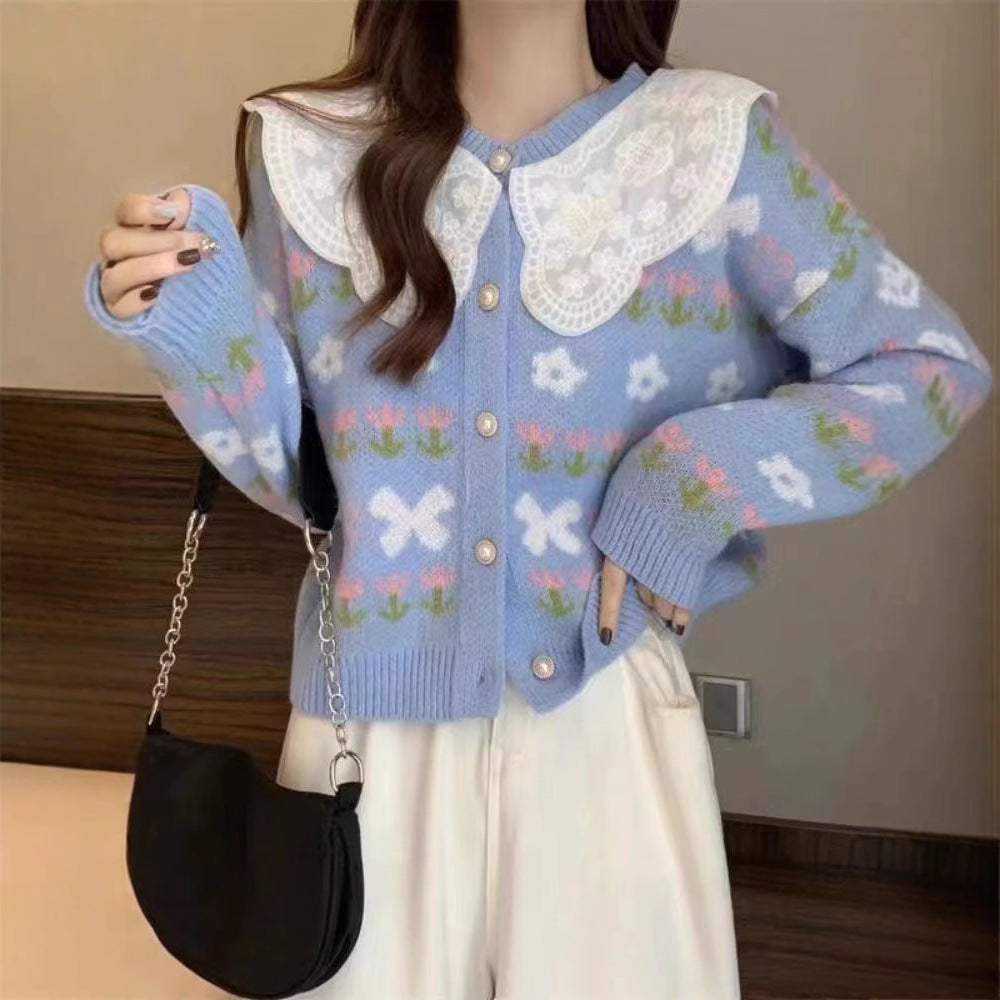 Damen Strickjacke Floralmuster Großkragen - Eveloria