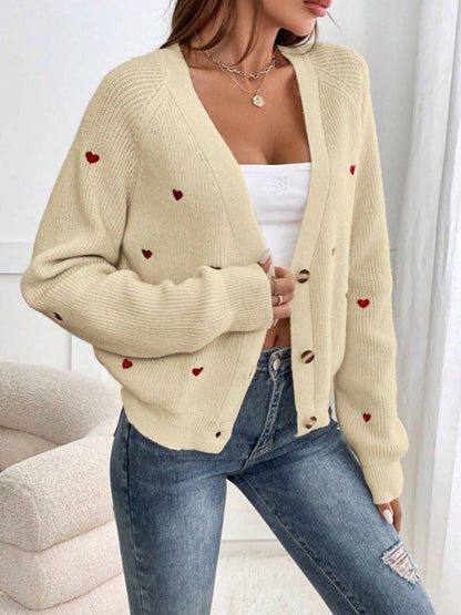 Damen Strickjacke Herzapplikationen Knopfverschluss Eveloria